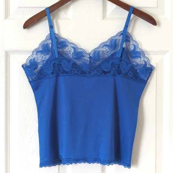 Private Pleasures 80's Vintage Union Made Lace Trim Cropped Tank Top Blue Large - Picture 9 of 10